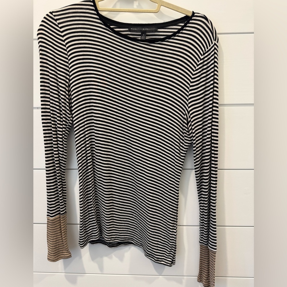 White House Black Market Black and White Striped Blouse with Tan Accents
